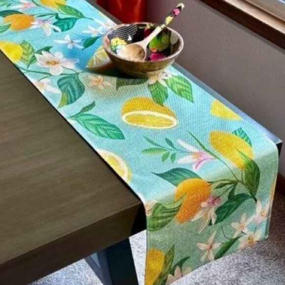 Summer Decor Lemons White Pink Blossoms Floral 72" Linen Table Runner New - Picture 1 of 6